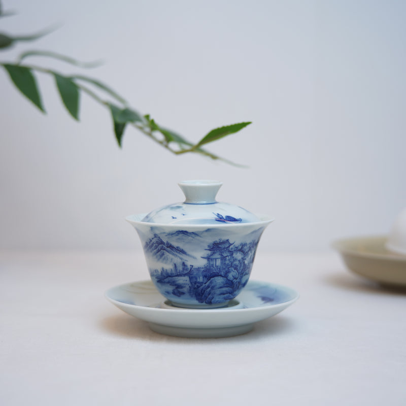 [Landscape Pavilion] Jingdezhen hand-painted blue and white chicken heart three-cai bowl