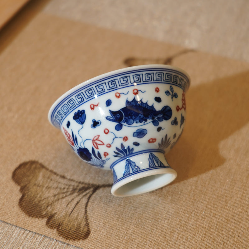 *新品*【魚藻紋】景德鎮手繪青花釉裏紅高足主人杯