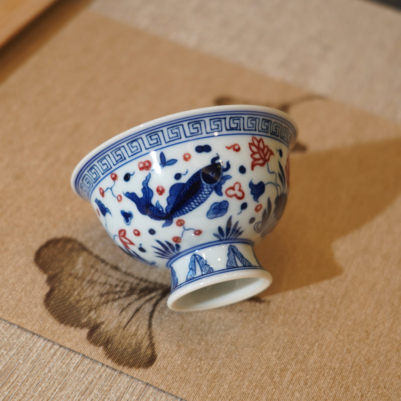 *新品*【魚藻紋】景德鎮手繪青花釉裏紅高足主人杯