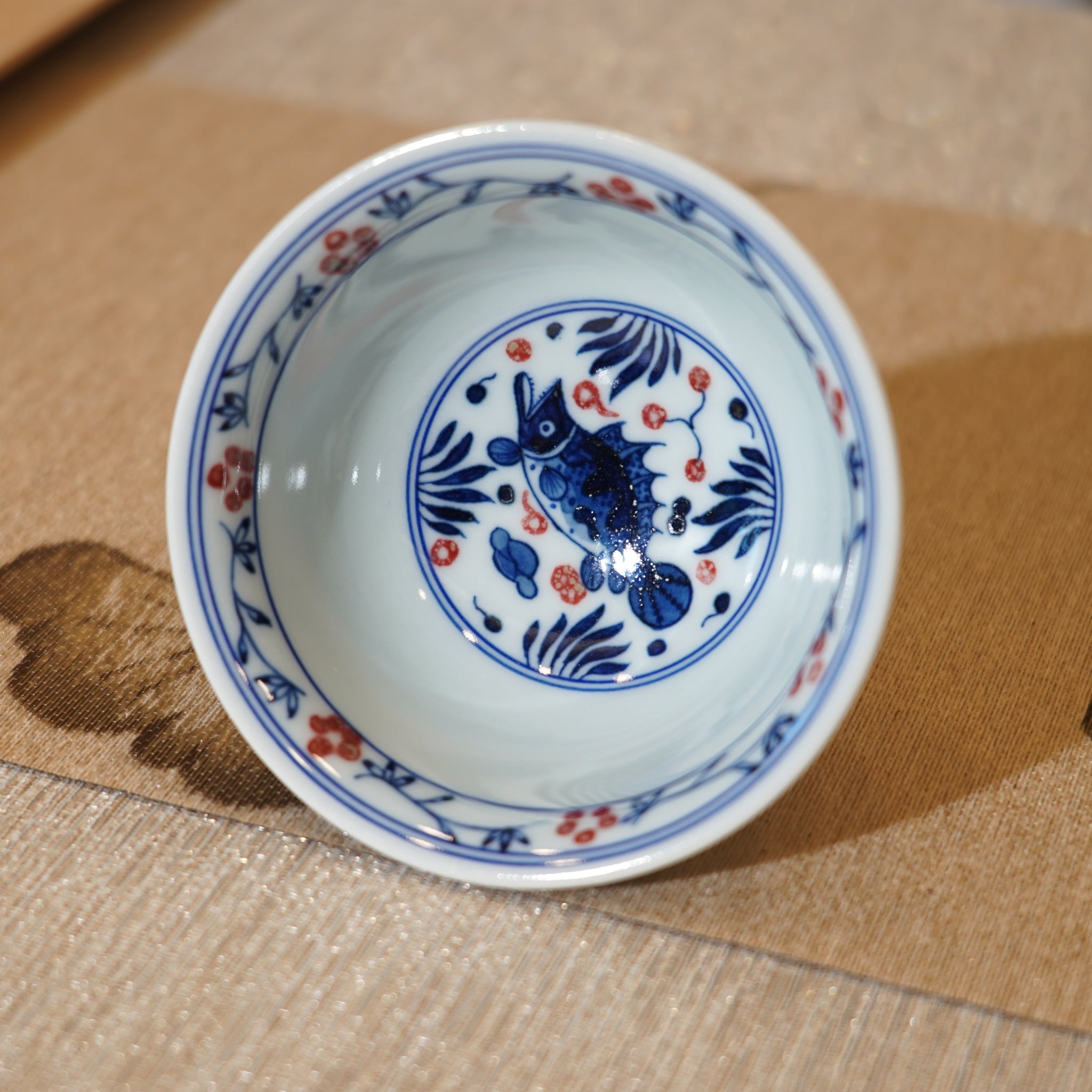 *新品*【魚藻紋】景德鎮手繪青花釉裏紅高足主人杯