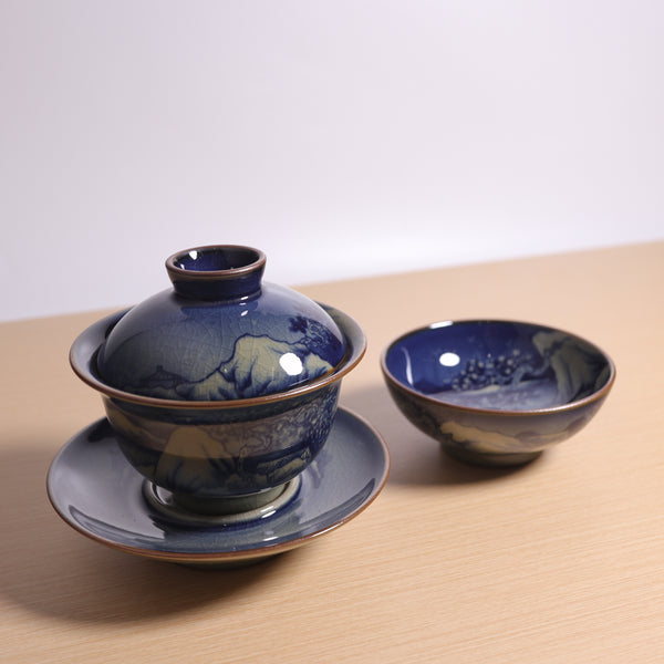 （已售出）*新品*【桃園風光】老陶泥手繪蓋碗及主人杯