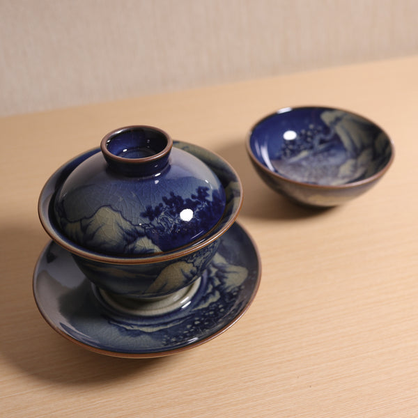 （已售出）*新品*【桃園風光】老陶泥手繪蓋碗及主人杯