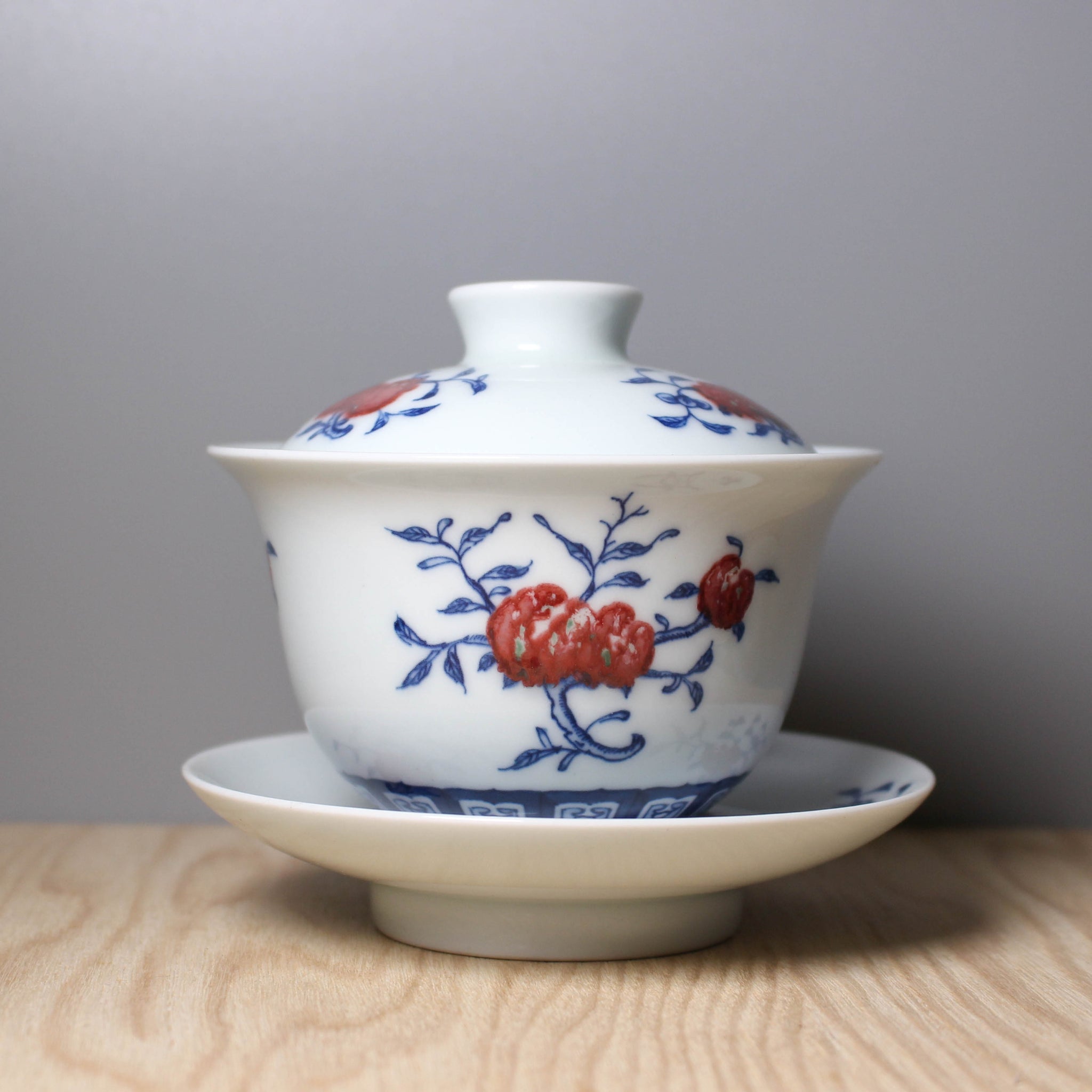 【果樹】景德鎮手繪青花釉裏紅白瓷蓋碗
