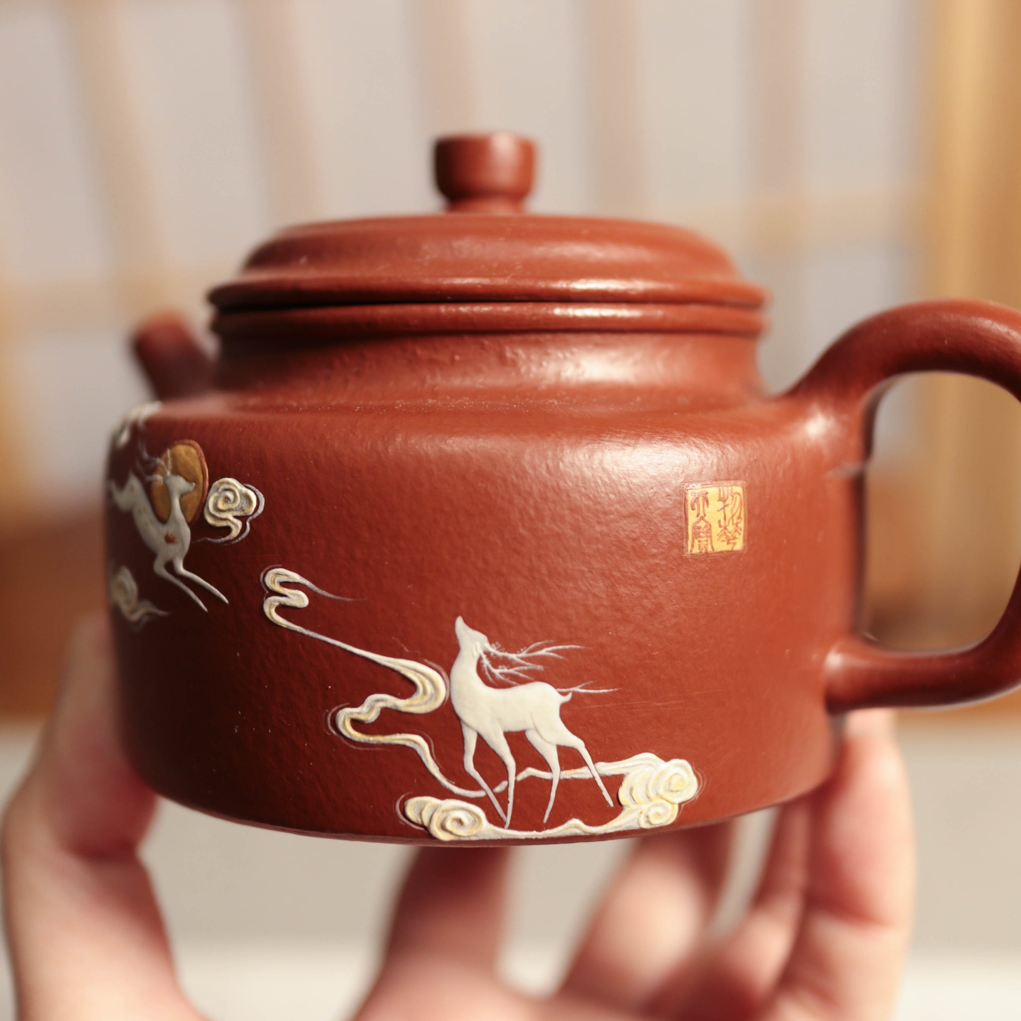 【德鐘】朱泥大紅袍泥繪紫砂茶壺