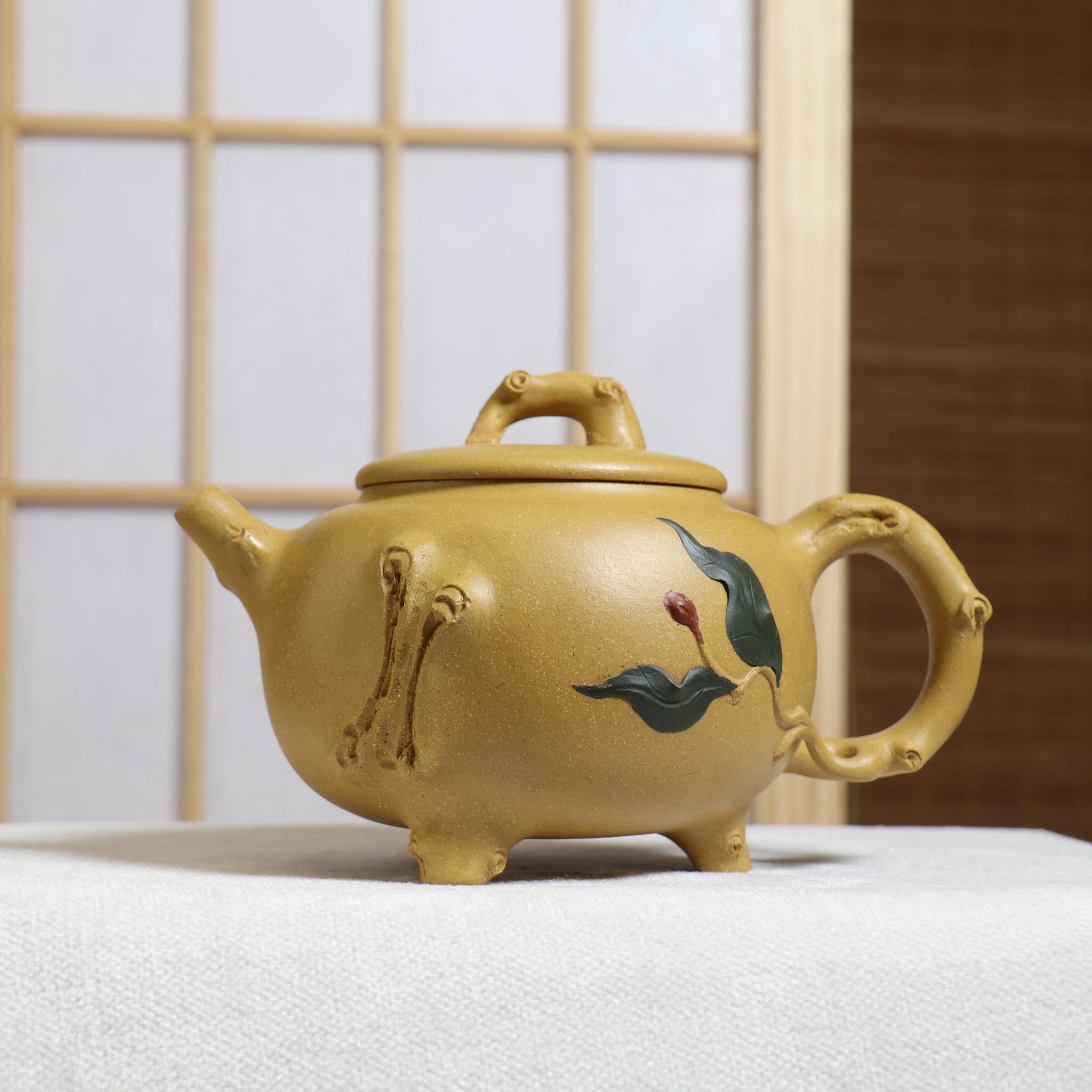 (Sold) [Three Legs] Fully handmade raw ore yellow clay decal purple clay teapot