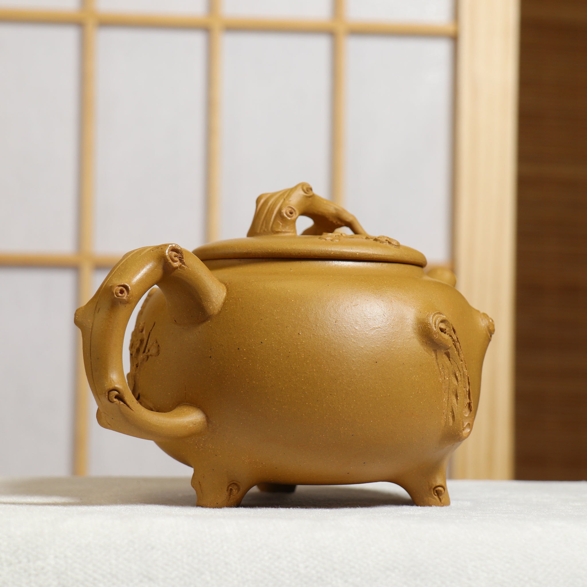 (Sold) [Three-legged plum pile] Fully handmade raw ore yellow mud decal purple clay teapot