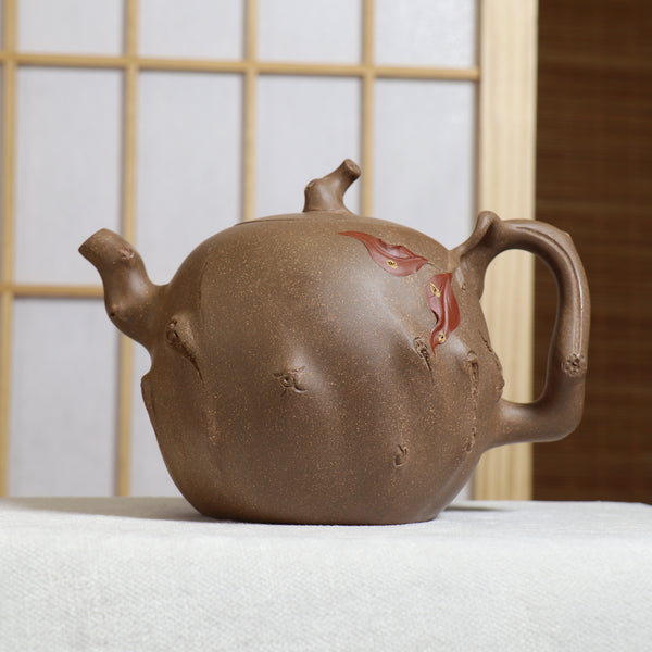 （已售出）【樹樁】段泥瓜樹貼紅花紫砂茶壺