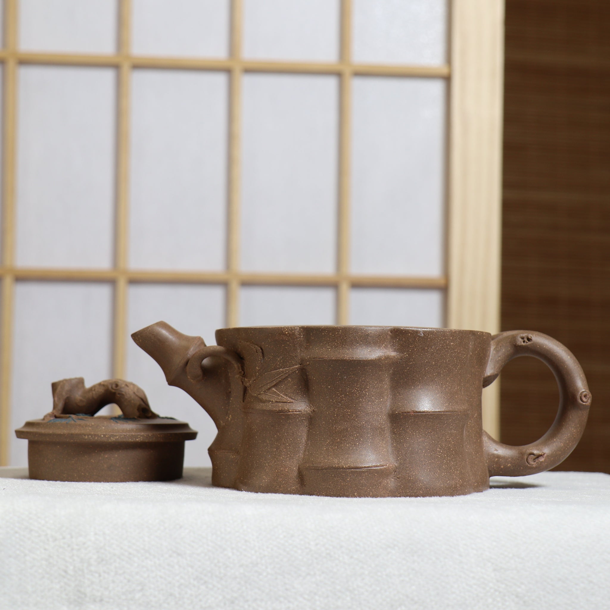 (Sold) [Bamboo Pot] Fully handmade original ore ash section mud decal purple clay teapot