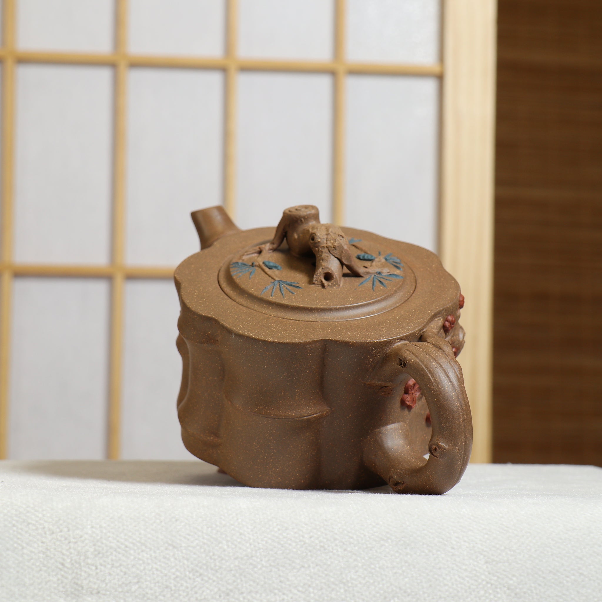 (Sold) [Bamboo Pot] Fully handmade original ore ash section mud decal purple clay teapot