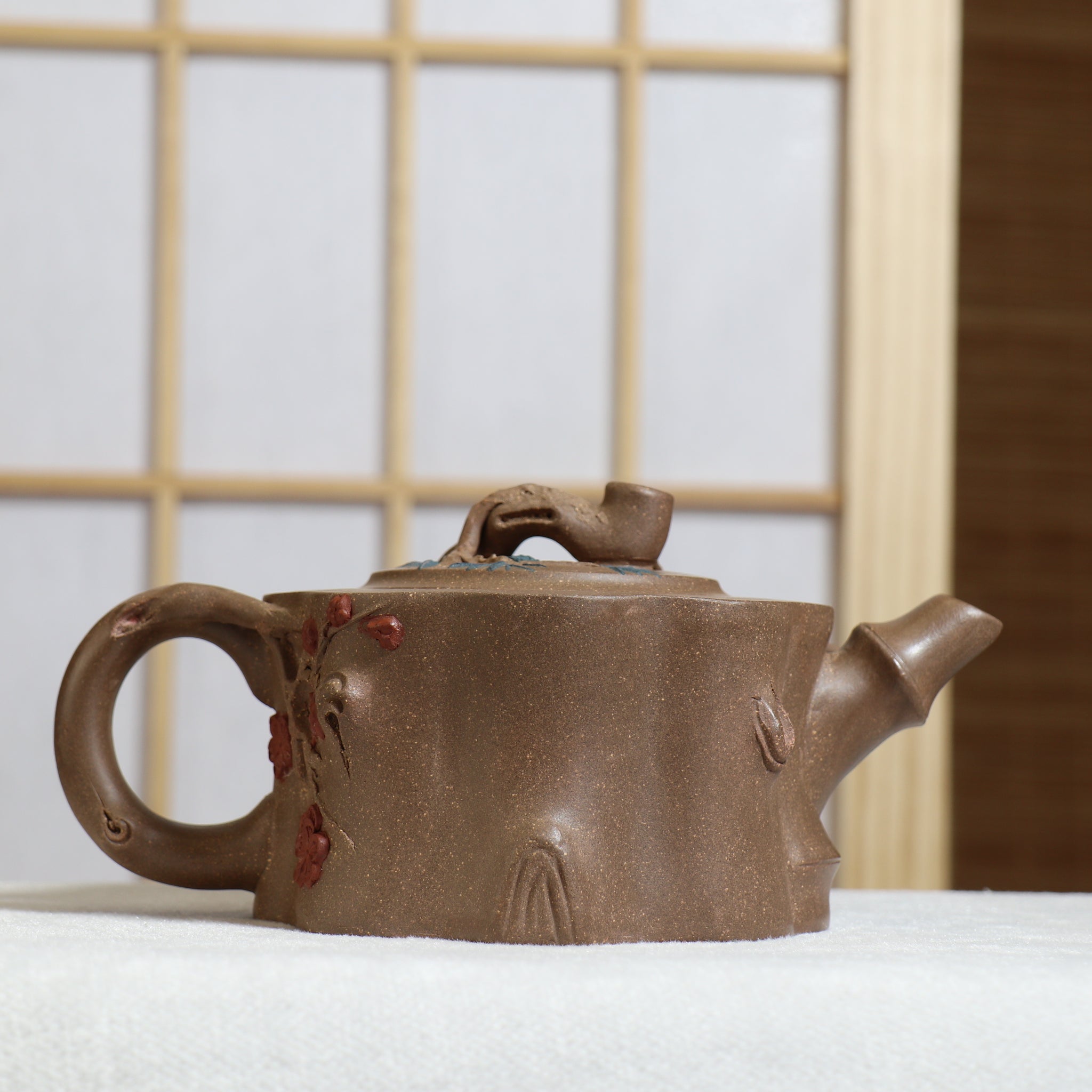 (Sold) [Bamboo Pot] Fully handmade original ore ash section mud decal purple clay teapot