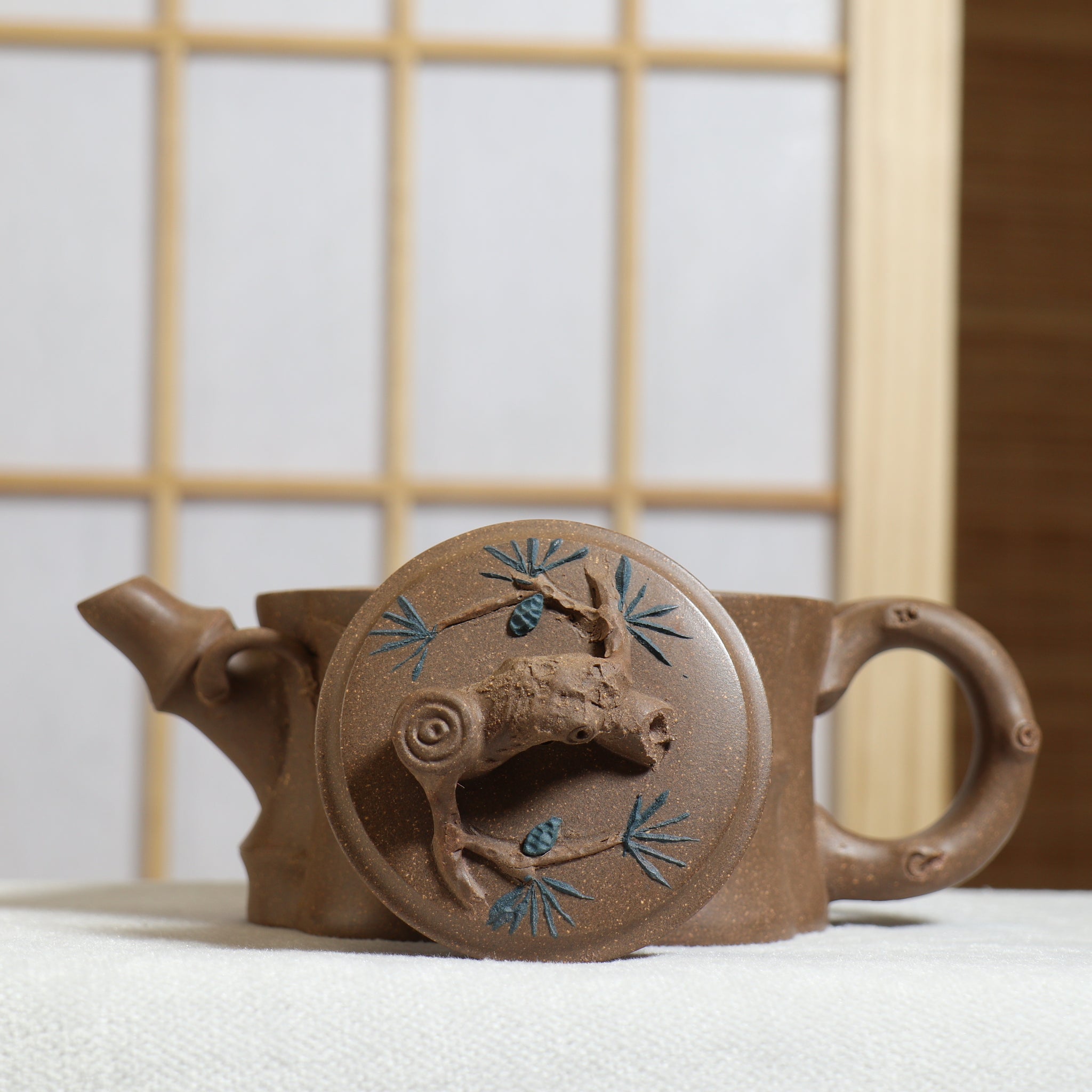 (Sold) [Bamboo Pot] Fully handmade original ore ash section mud decal purple clay teapot