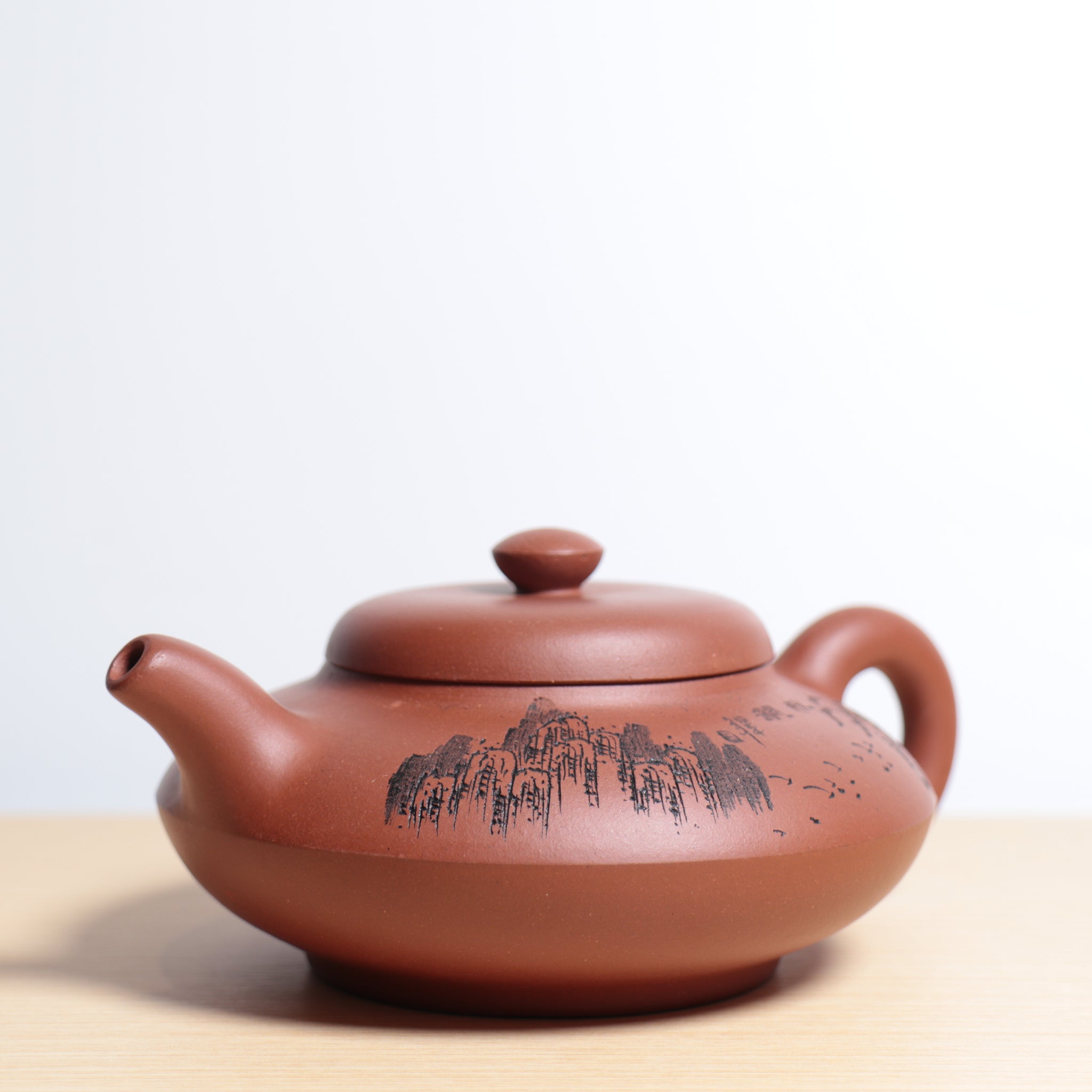 (Sold) [Xubian] Clear cement carved purple sand teapot