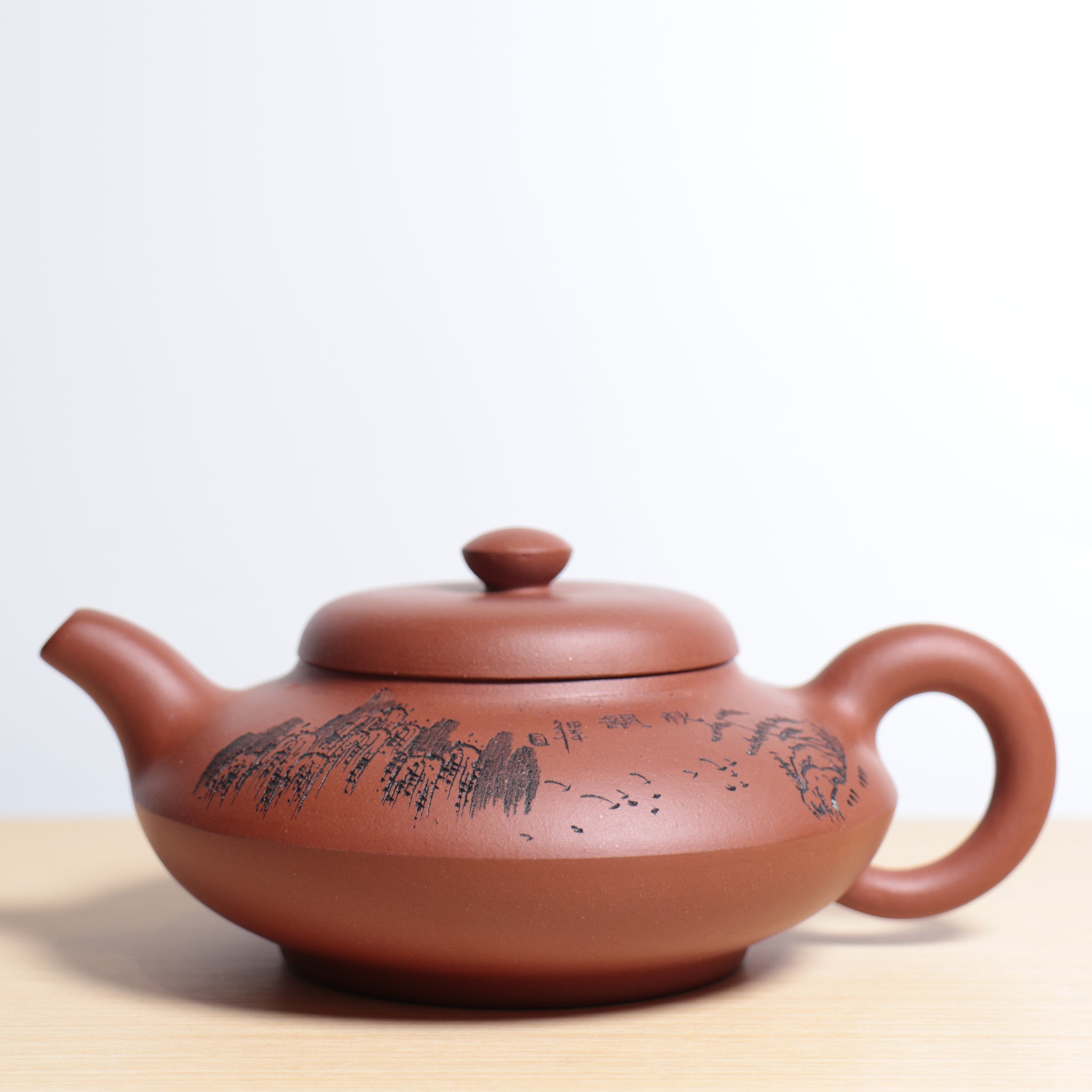 (Sold) [Xubian] Clear cement carved purple sand teapot