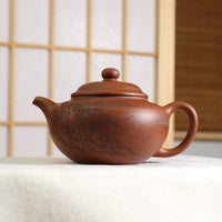 [The best is like water] Fully handmade purple sand teapot with green engraving on the bottom